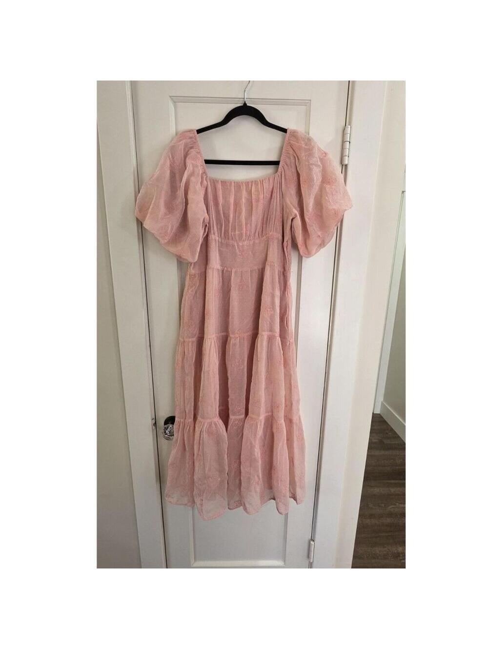 Listicle Pink Floral Embroidered Puff Sleeve Long Dress Size L